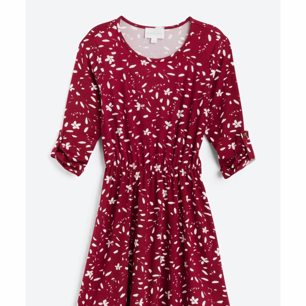 French Grey Red Sundress with Cuffed 3/4 Sleeves and Scoop Neck